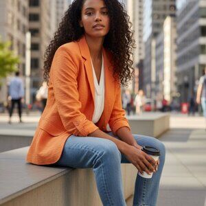 NWT DKNY Sunset Orange Ruched Sleeve Blazer Size Large $129